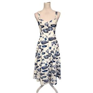 NEW Avec Les Filles Sea Stars Fish cotton white blue Fit & Flare midi dress Sz 8